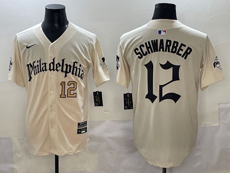 Men 2025 Philadelphia Phillies 12 Schwarber Cream Five generations Joint Name Nike MLB Jersey style 3